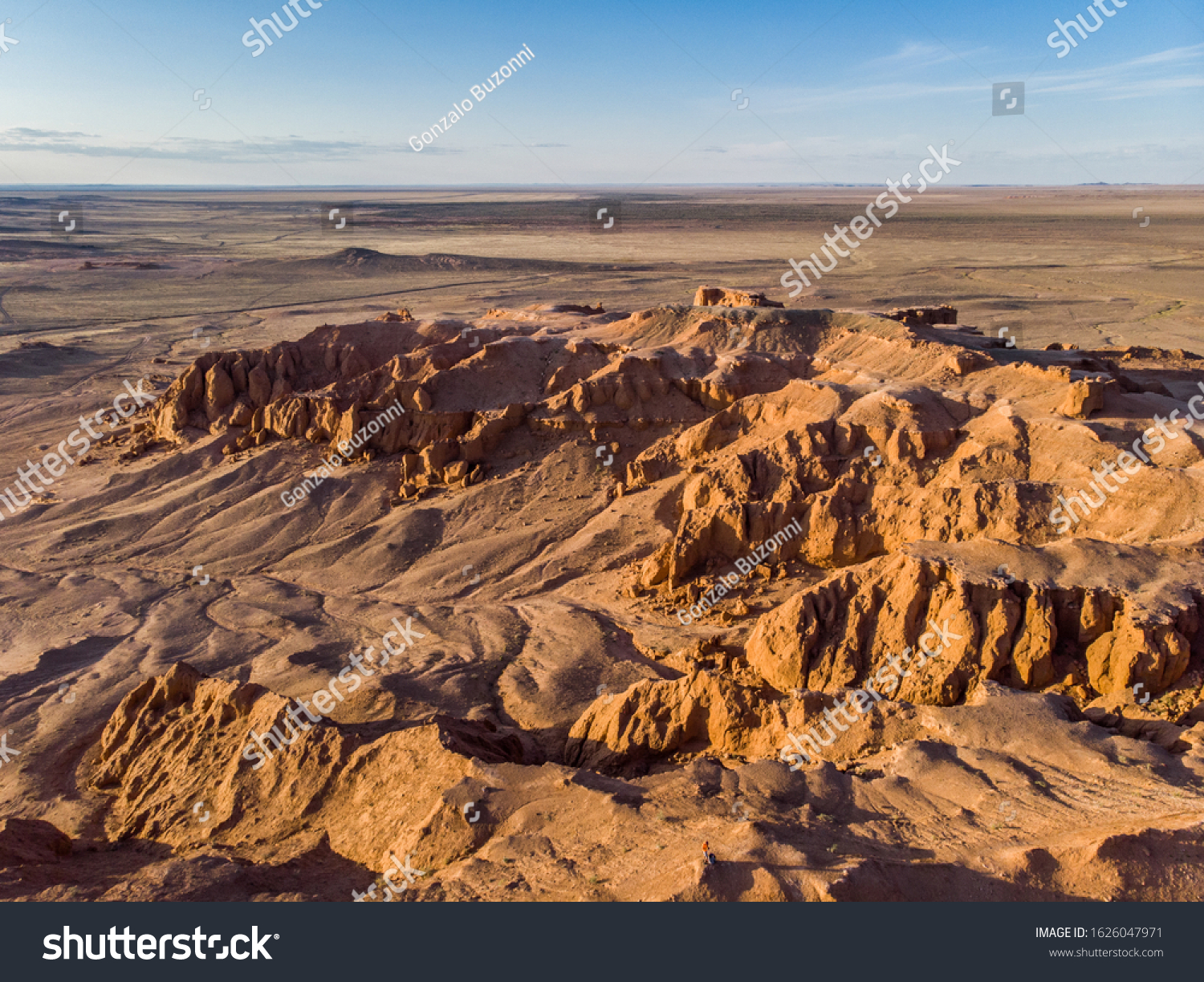 Aerial view from the dunes and oasis in the desert of Gobi in Southern Mongolia. 