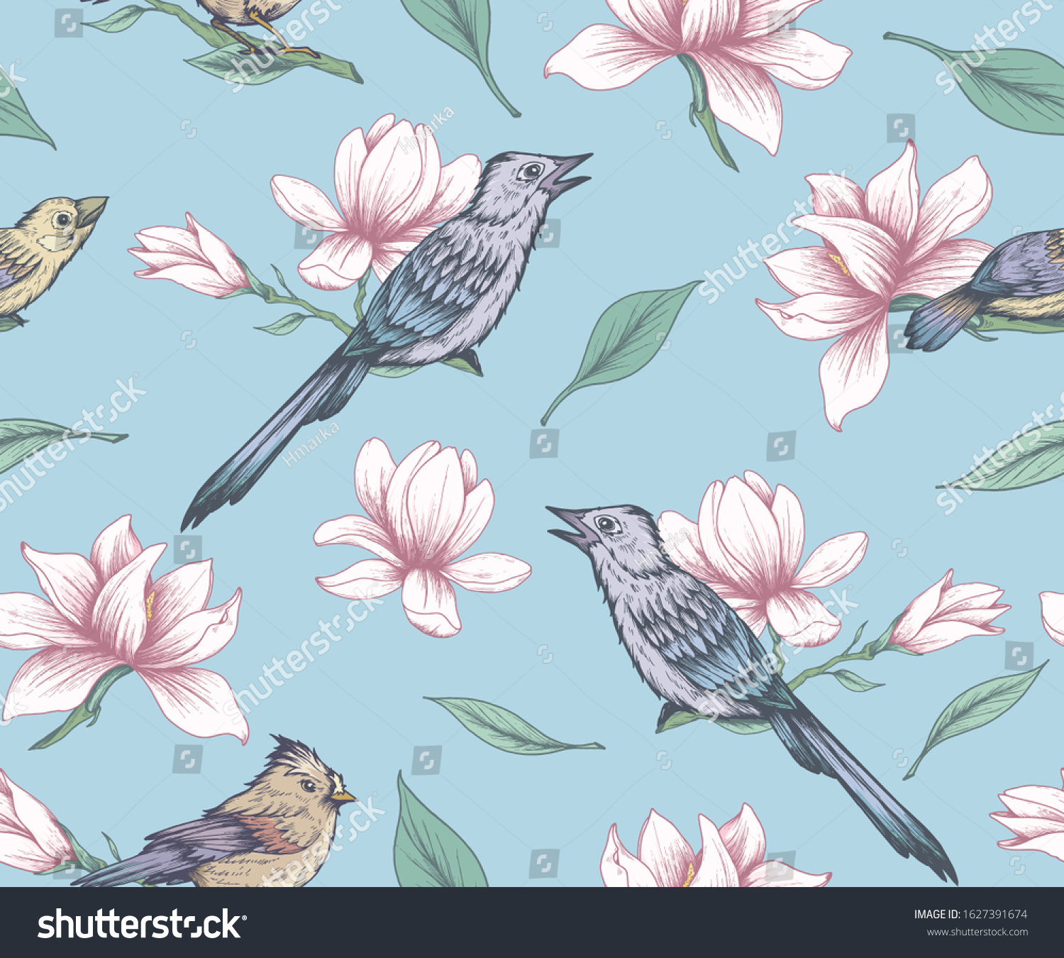 Seamless floral pattern with magnolias and birds