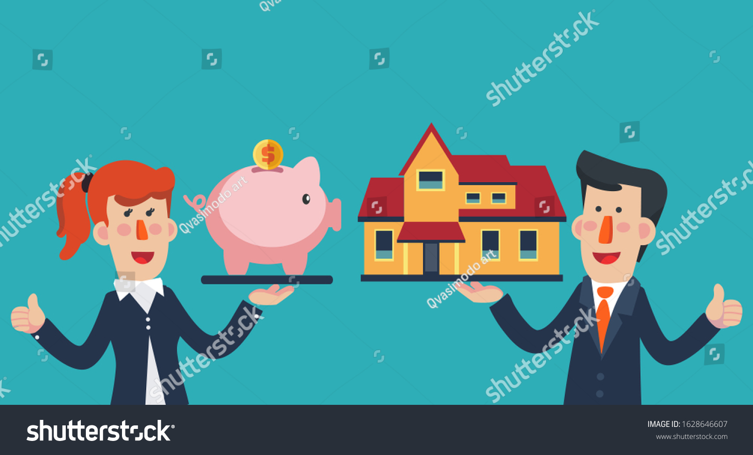 Business woman with piggy bank and business man with house. Saving and investing money concept. Future financial planning concept