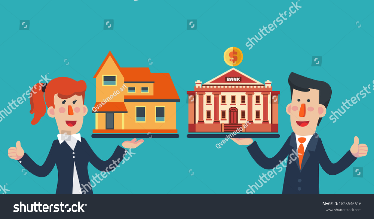 Business woman with house and business man with bank building. Saving and investing money concept. Future financial planning concept