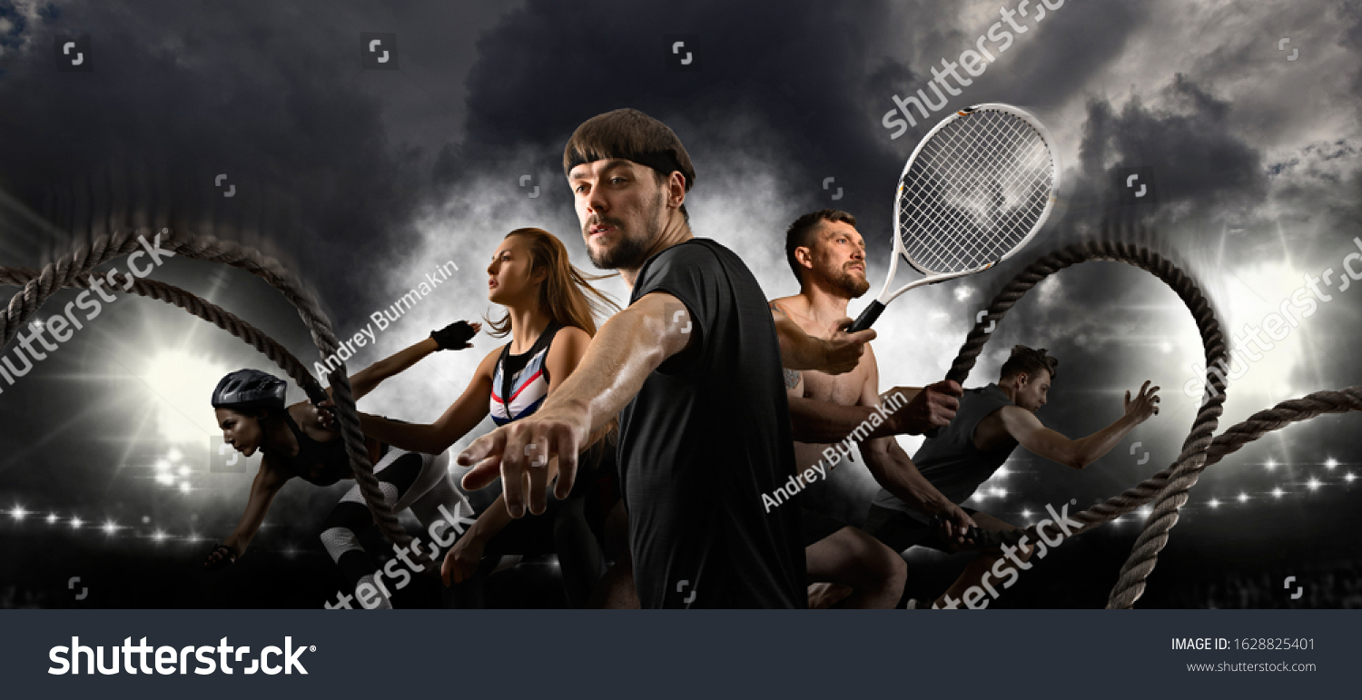 Sport collage. Tennis player  woman and man working out with battle ropes. Sports banner. Horizontal copy space background