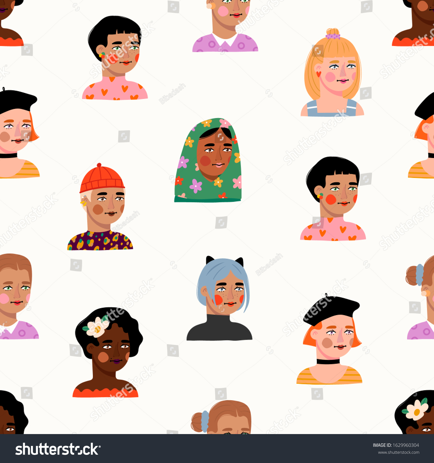 Happy international women's day. Big Set of various female heads. Women avatars. Various races and nationalities. Colored hand drawn vector Seamless Pattern. Various clothes and haircuts