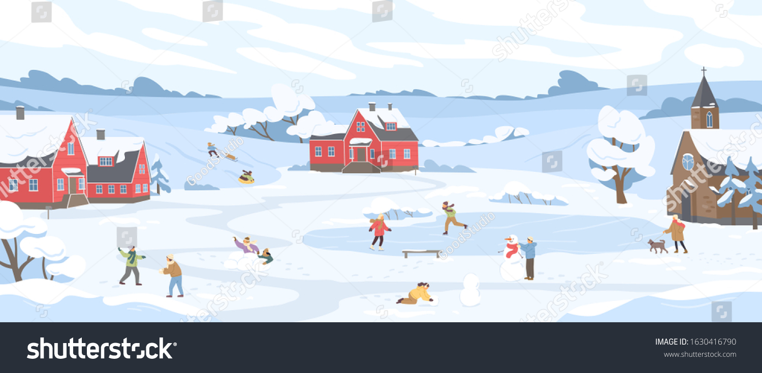 Panorama of winter landscape with leisure people vector illustration. Happy cartoon characters enjoy outdoor activity. Man  woman and children sledding  ice skating  skiing  playing snowballs at park