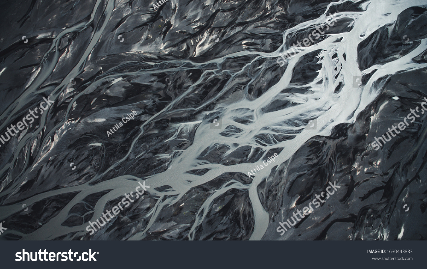 Aerial perspective Of Glacier River In Iceland on the way to Thórsmork  Highlands.