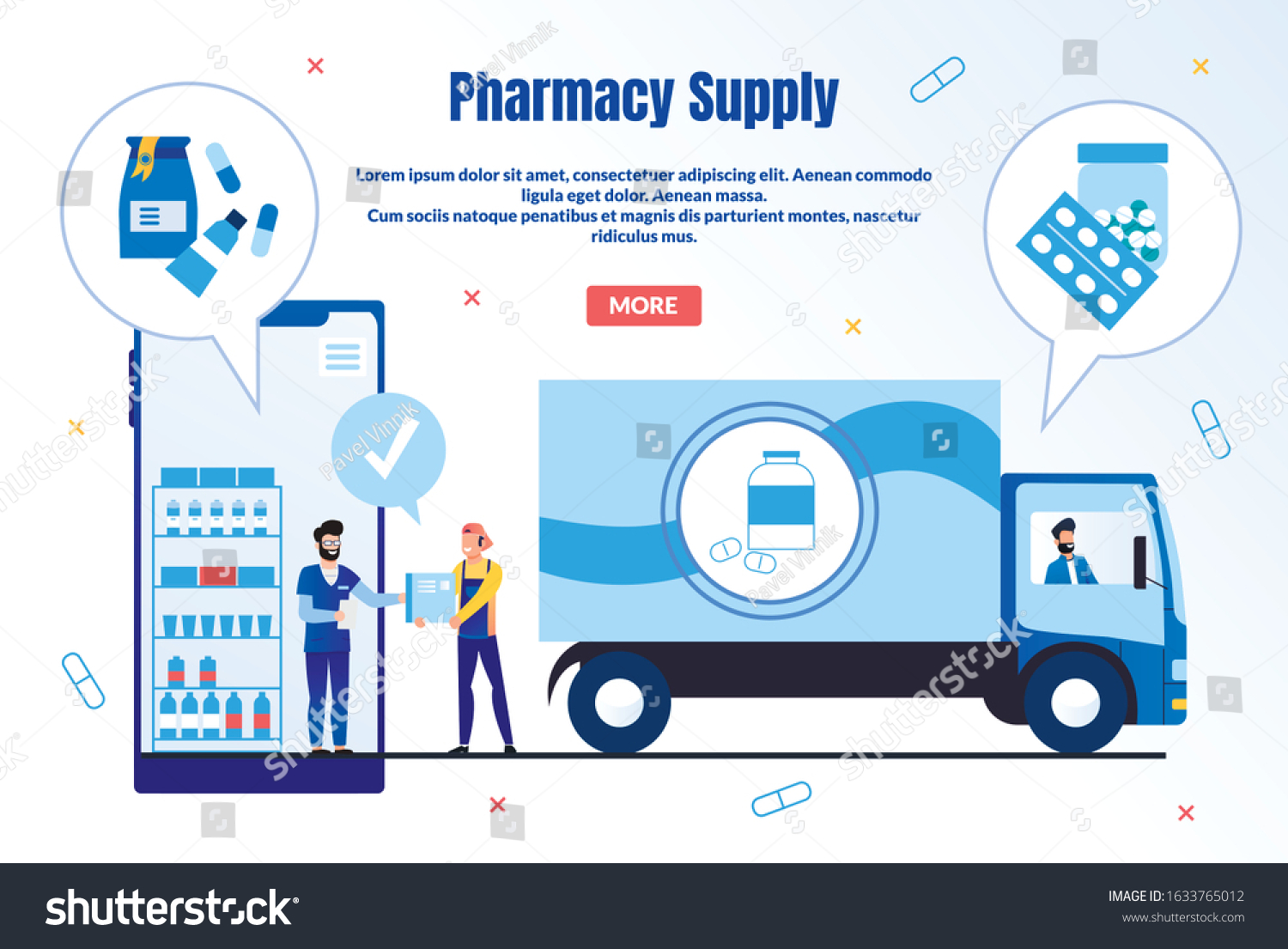 Pharmacy Supply Trendy Flat Vector Web Banner  Landing Page Template. Pharmaceutical Company Supplier or Deliveryman Shipping Products to Drugstore  Pharmacist Ordering Goods Online Illustration