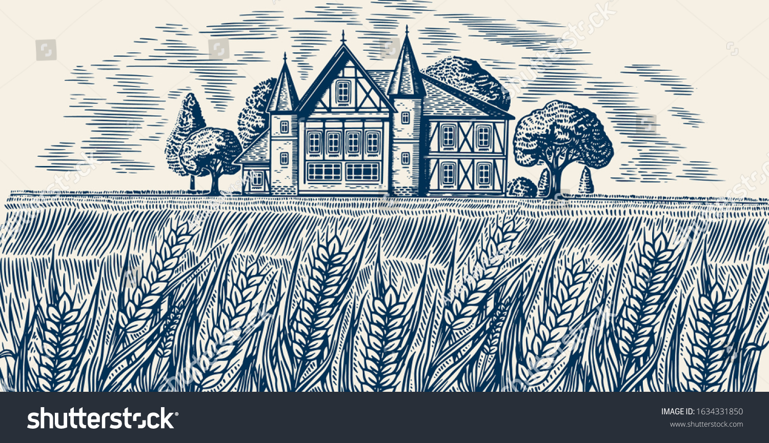 Brewery on the background of wheat and barley. Scenic view of Rural landscape  village field and hill  retro wooden building. Hand drawn monochrome vintage sketch for beer or alcoholic beverage label