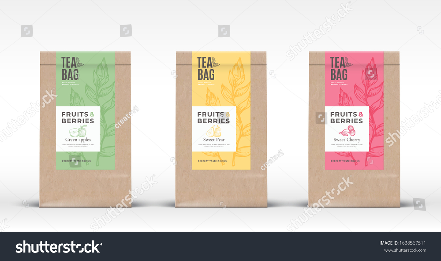 Craft Paper Bag with Fruit and Berries Tea Labels Set. Abstract Vector Packaging Design Layout with Realistic Shadows. Hand Drawn Apple  Pear and Cherry Silhouettes Background. Isolated.
