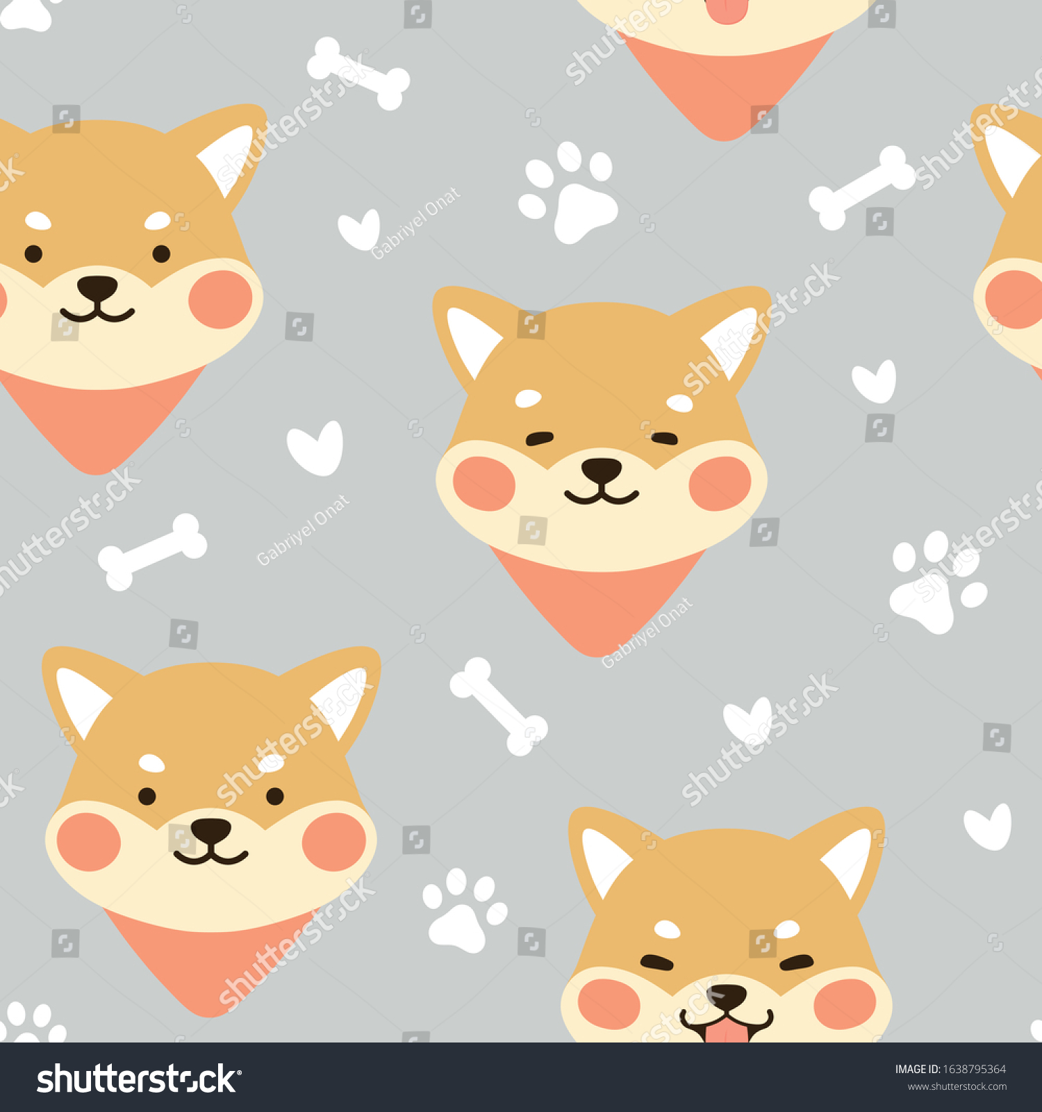 Dog Seamless Pattern Background  Happy shiba inu with dog paw and bone  Cartoon Shiba Dog Vector illustration  scandinavian wallpaper background