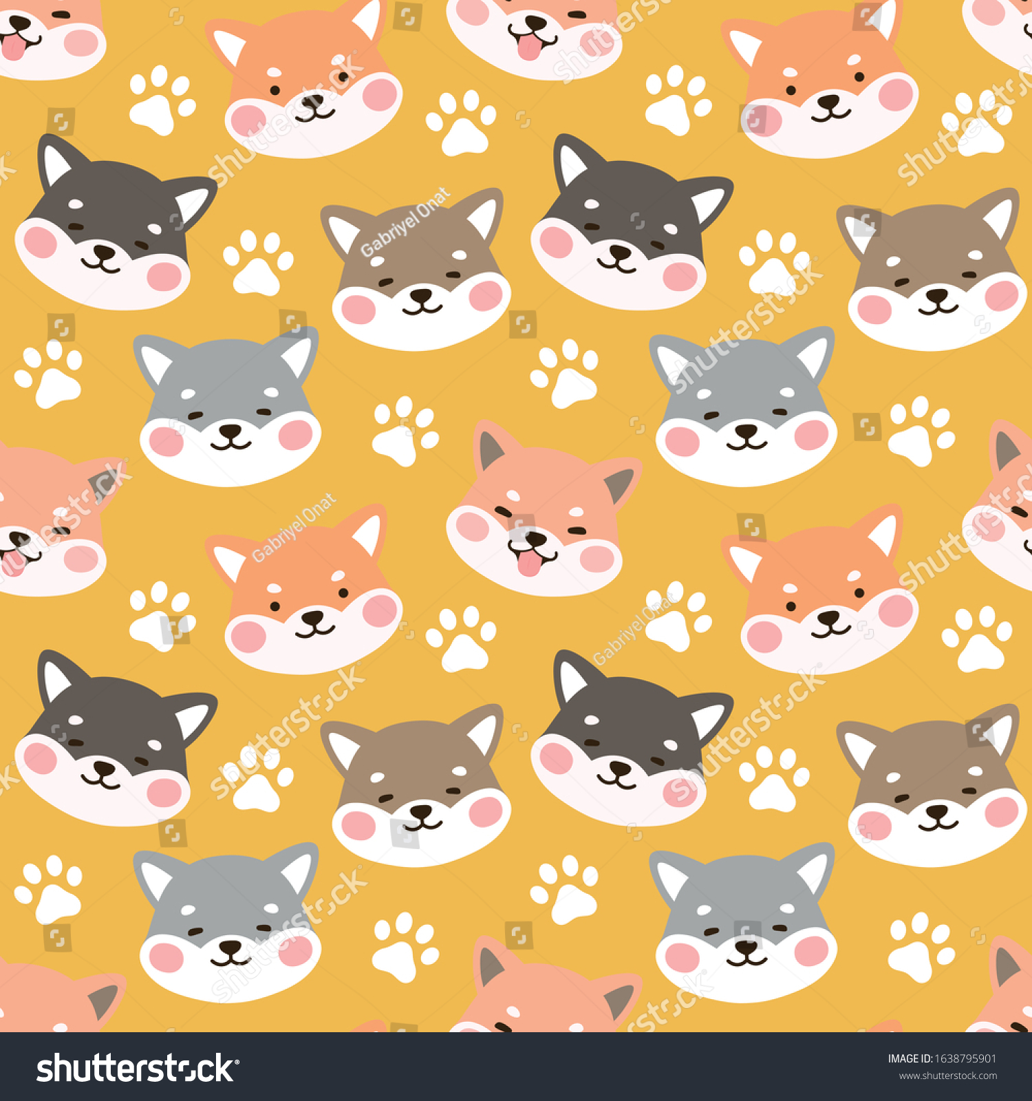 Dog Seamless Pattern Background  Happy shiba inu with dog paw and bone  Cartoon Shiba Dog Vector illustration  scandinavian wallpaper background