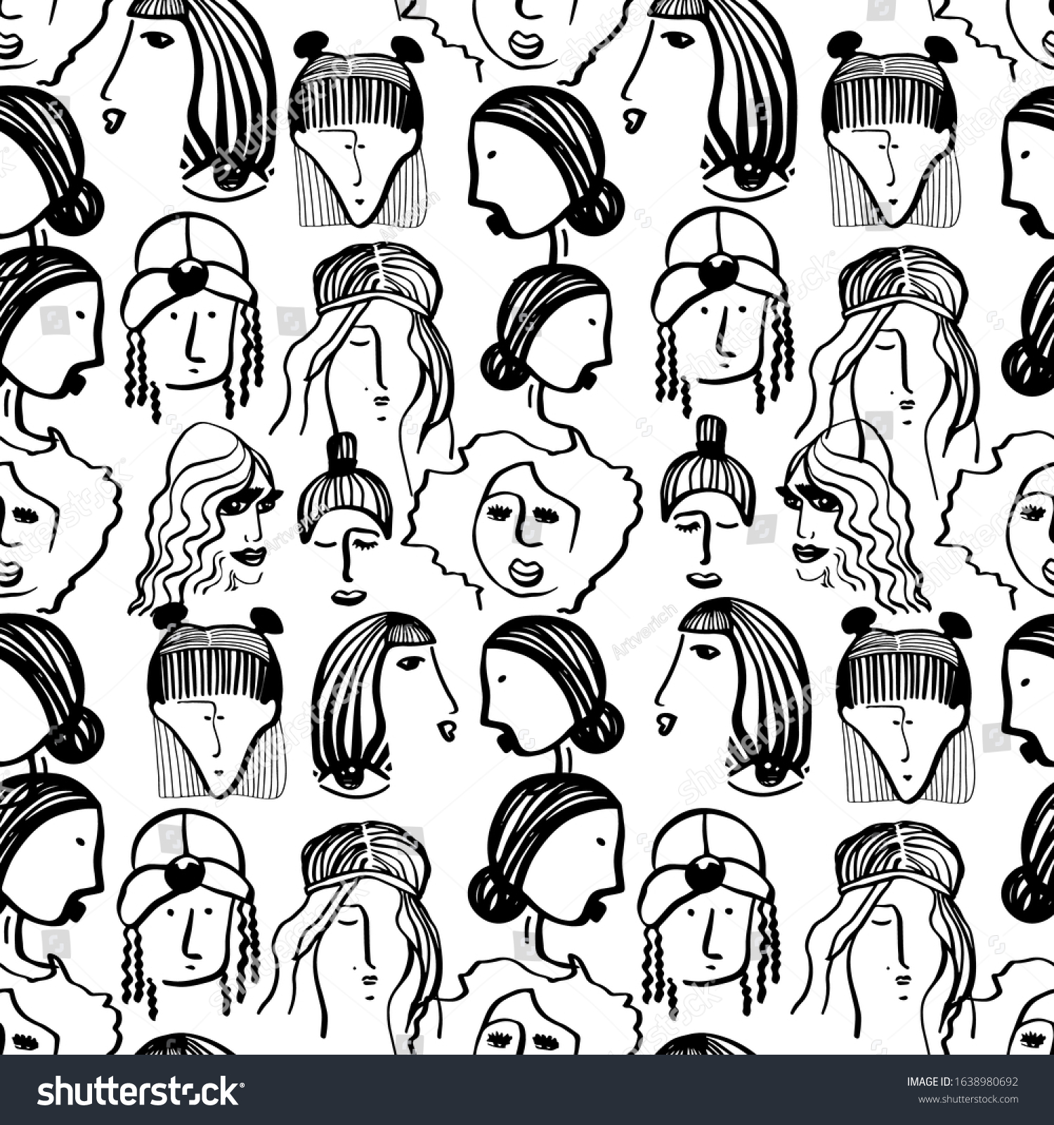 Seamless pattern with face womens in trendy one line style. Vector doodle fashion illustration. Womens day template.Design textile wallpaper wrapping paper.Different glamour girls from diverse ethnic.