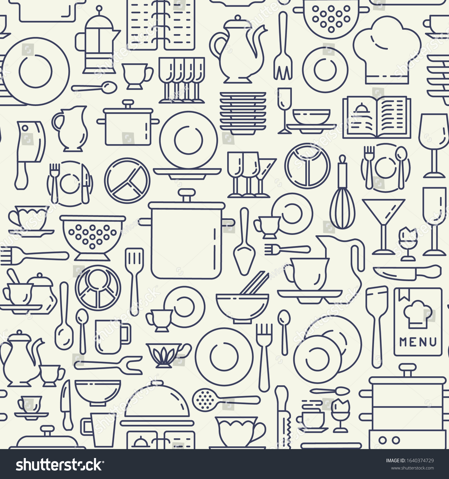 Dishes  utensils icons pattern. Kitchen utensils seamless background. Restaurant Kitchenware Seamless pattern vector illustration