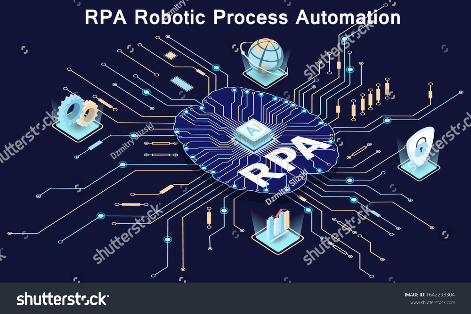 RPA Robotic Process Automation. Printed circuit board. Microchip. Microprocessor. Vector illustration.