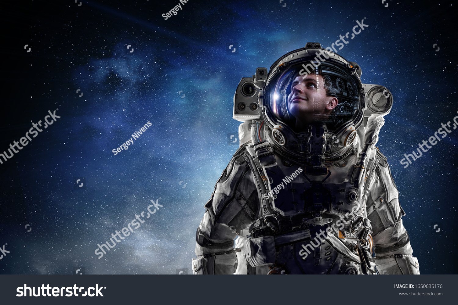 Astronaut pioneer doing research. Mixed media