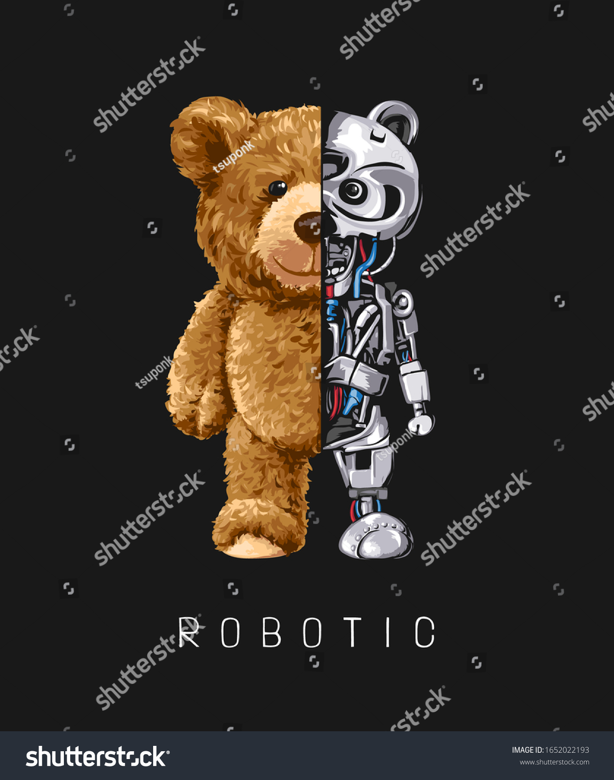 bear toy half robot illustration on black background