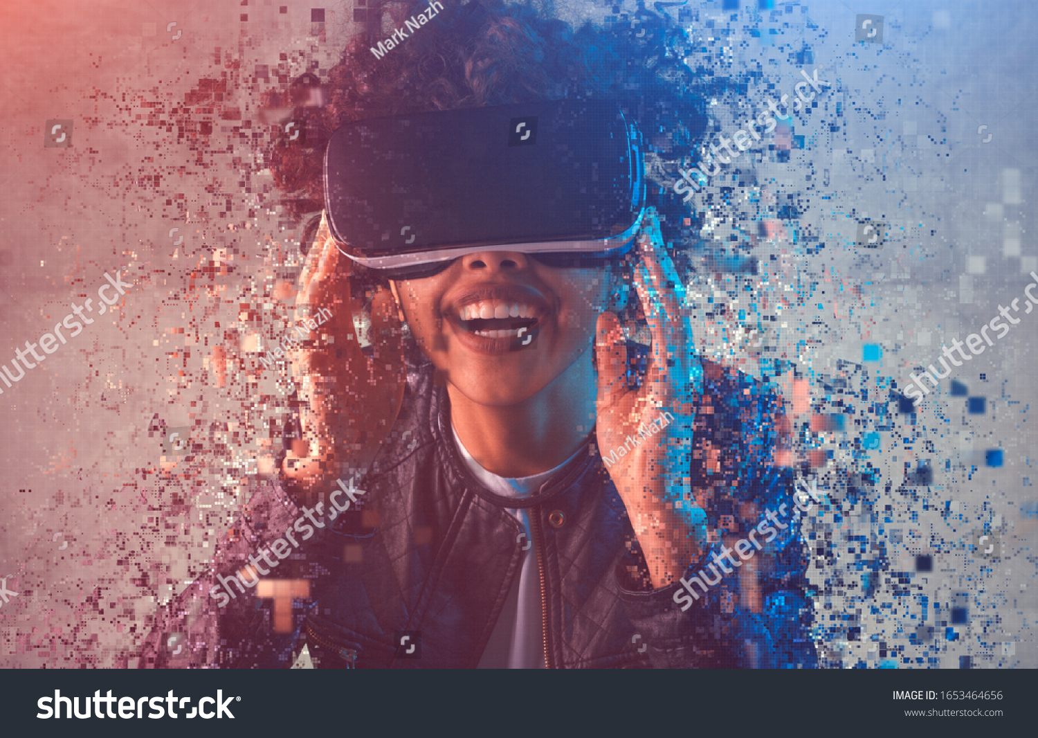 Happy African female in VR headset laughing and falling into particles while immersing into virtual reality