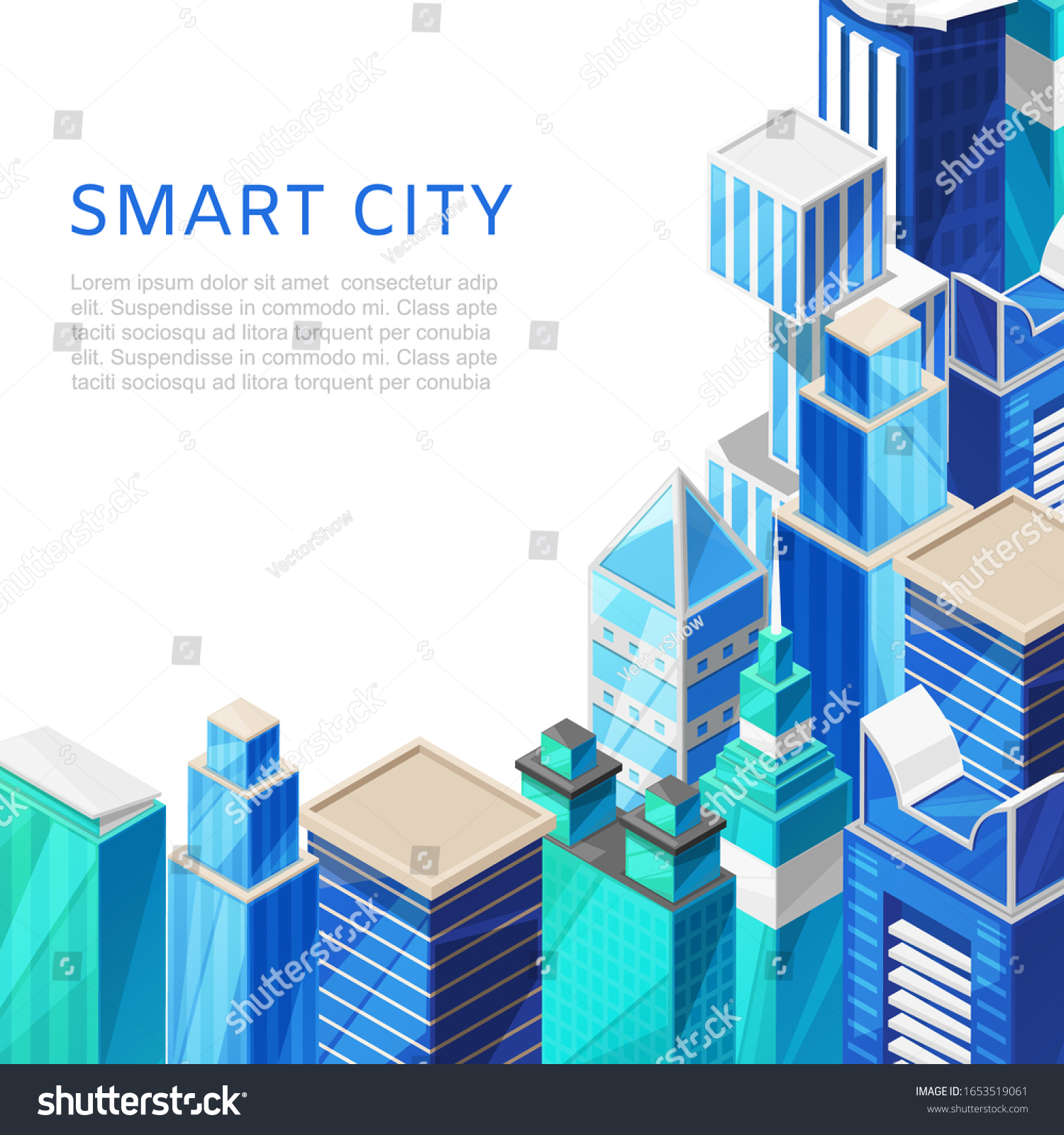 Isometric smart city with skyscrappers cityscape vector illustration poster. Urban background with isometric futuristic skyscrappers smart city. Modern business centers or offices perspective.