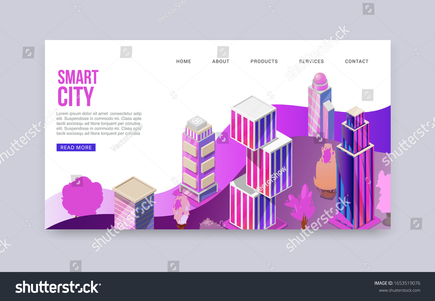 3D smart city with skyscrappers cityscape vector illustration banner. Urban background with isometric futuristic skyscrappers smart city website. Modern business centers or offices location.
