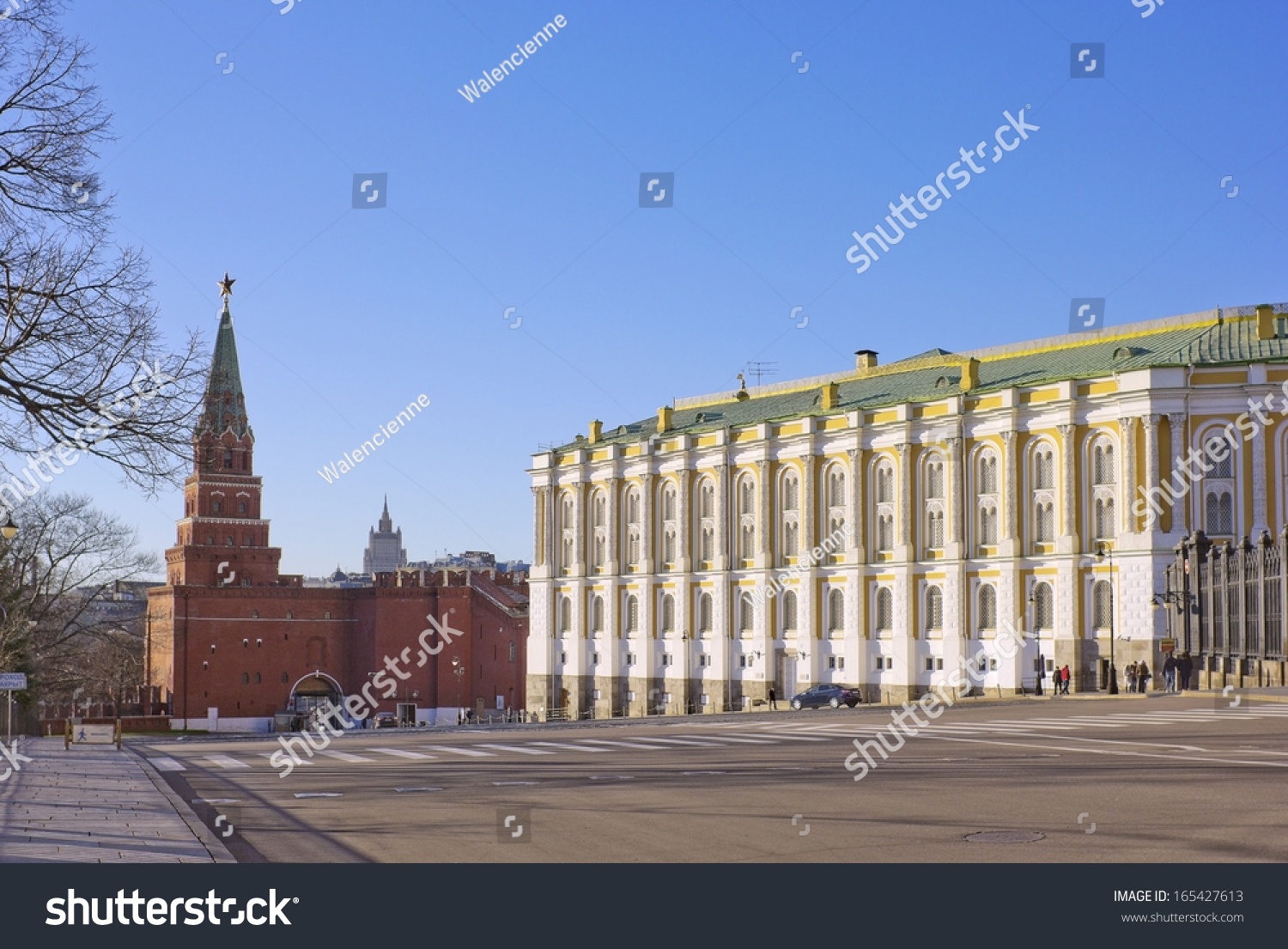 The Grand Kremlin Palace and Borovitskaya Tower of Moscow Kremlin  Russia