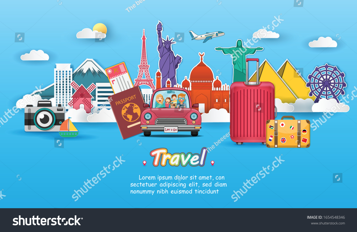 happy traveler on red car with check in point travel accessories around the world concept on blue background Design. Top world famous landmark. content paper art  vector  banner  Card  Poster  