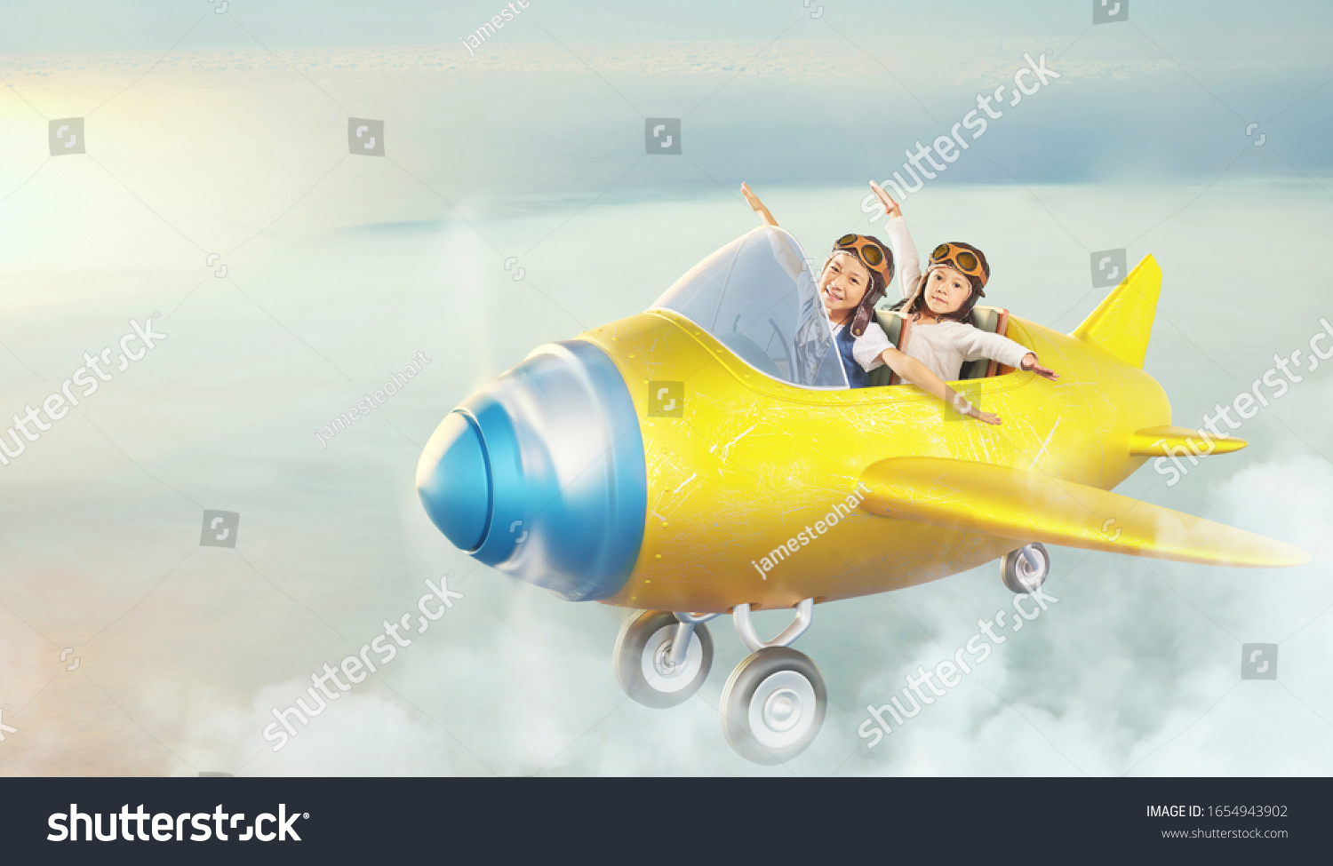 Two sisters fly in sky with retro cute airplane . Dreams come true  imagination concept .