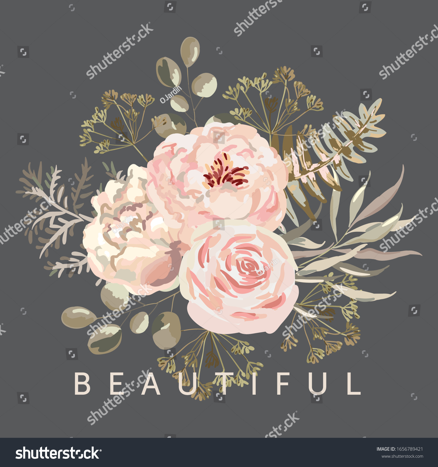 Blush pink rose  peony flowers  fern  leaves bouquet  brown background. Print for t shirt  text Beautiful. Vector illustration. Floral arrangement. Design template greeting card