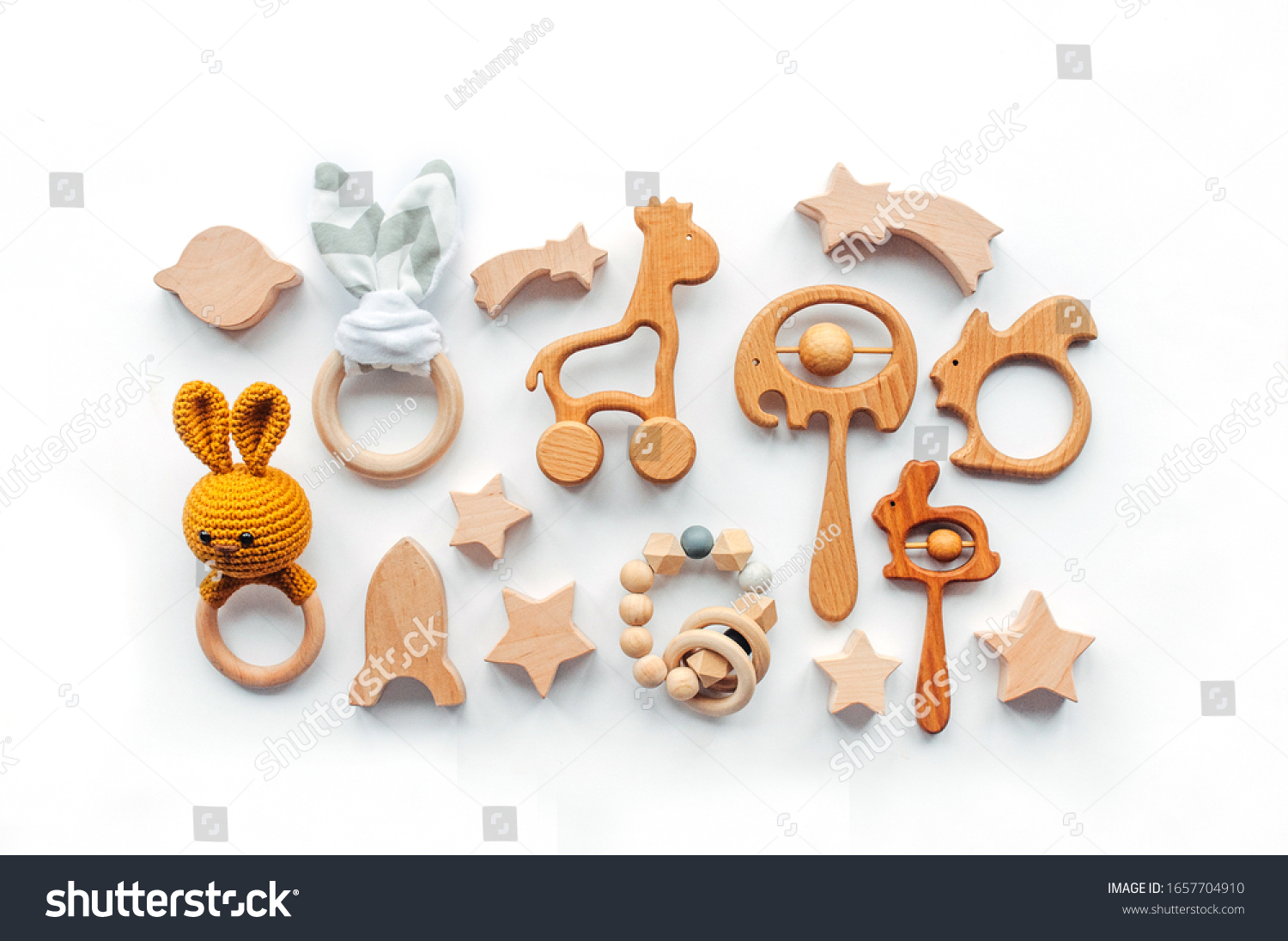 Eco friendly non plastic toys concept. Baby background. Wooden toys and