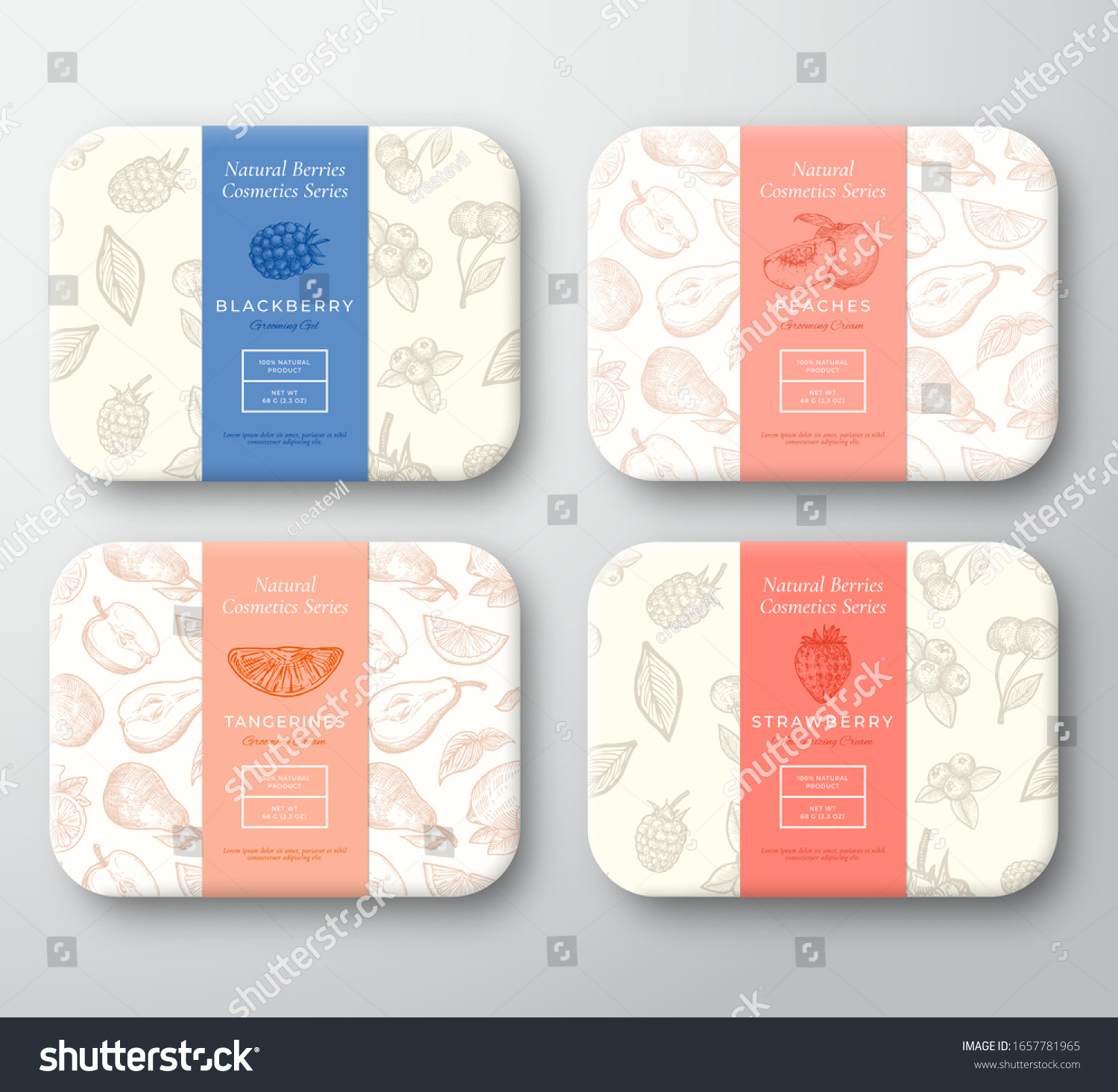 Strawberry  Blackberry  Peach and Tangerine Cardboard Boxes Set. Abstract Vector Wrapped Paper Cosmetics Container Label Cover. Packaging Design. Hand Drawn Fruits Background Pattern Layout. Isolated.