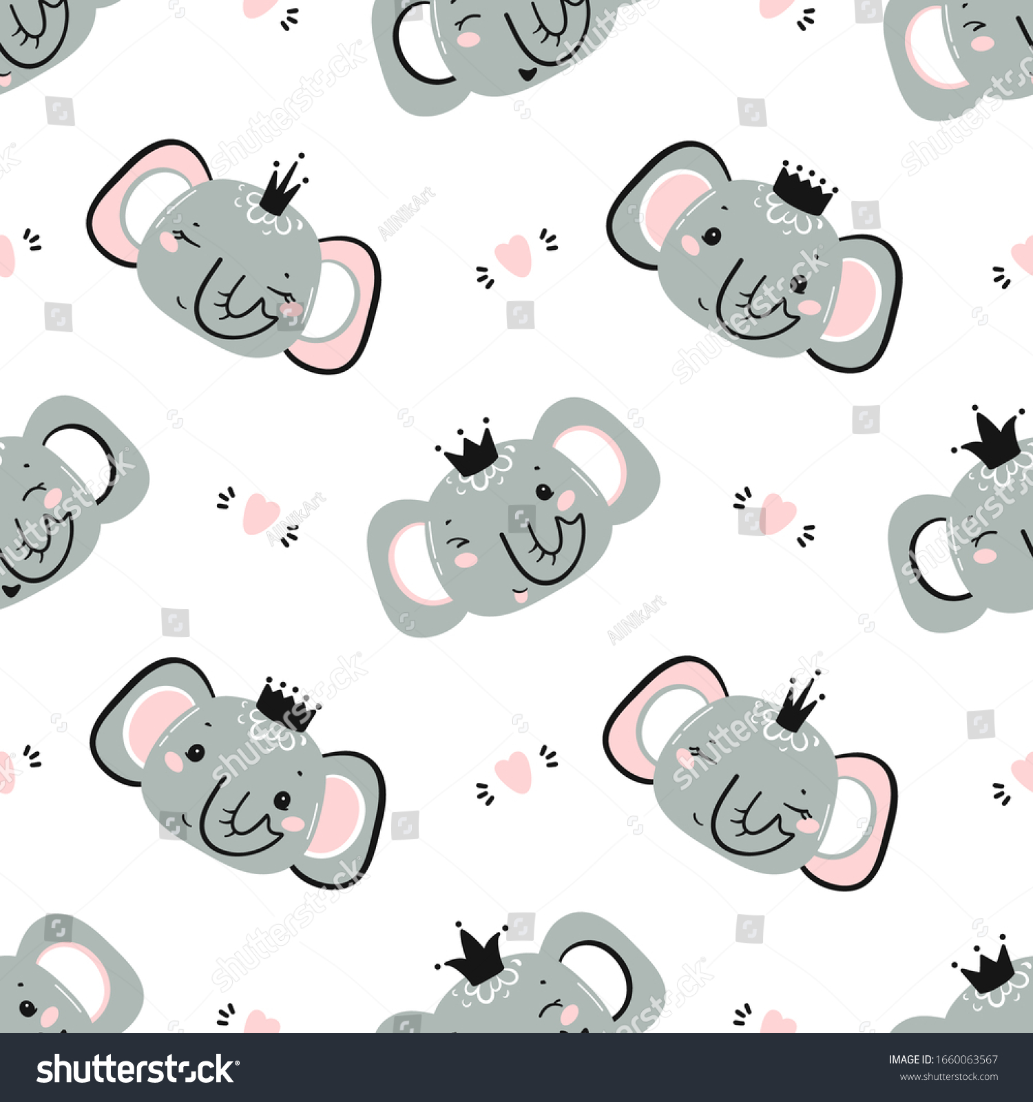 Princess Elephants. Cute Little Baby Elephant Face with Crown and Hearts Seamless Pattern. Kawaii Animal Heads Childish Vector Background for Kids Fashion Design. Print for Nursery Wallpaper