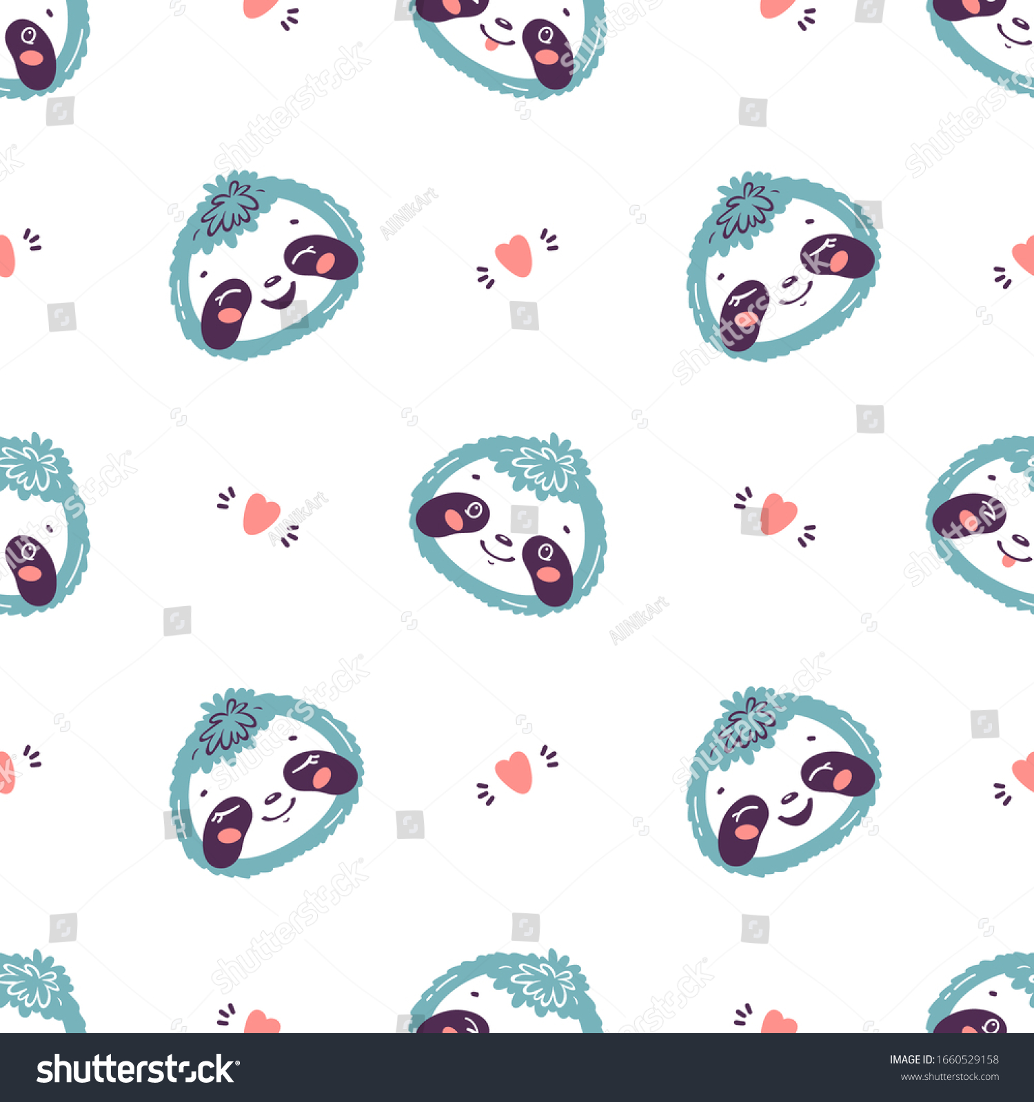 Cute Sloths. Little Baby Sloth Face and Hearts Seamless Pattern. Kawaii Animal Heads Childish Vector Background for Kids Fashion Design. Print for Nursery Wallpaper  Baby Shower  Birthday