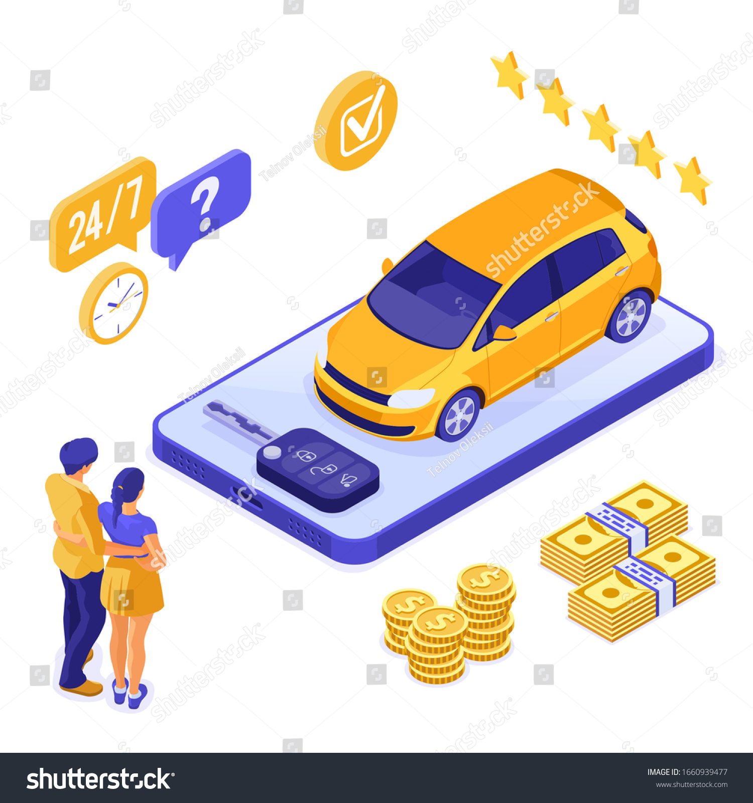 Online sale insurance rental sharing car isometric concept for landing  advertising with car  phone  couple  key. Auto rental  carpool  carsharing. isolated vector illustration
