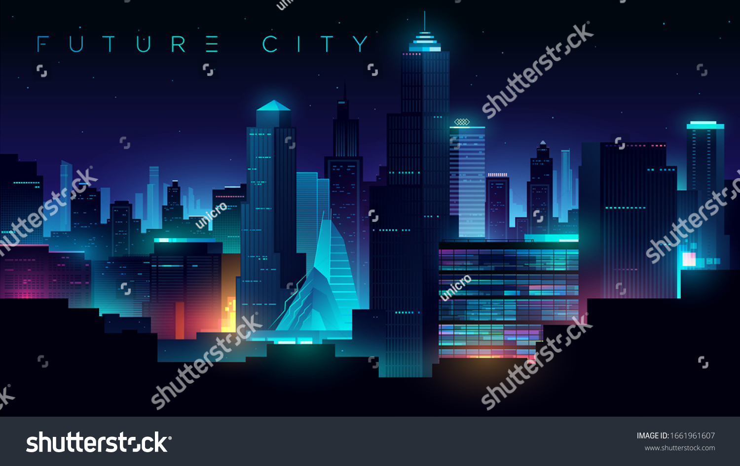 未来派夜城。在黑暗的背景上的城市景观 带有明亮而发光的霓虹灯。赛博朋克和复古波风格的插图。
