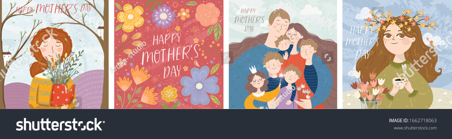 Happy mother's day! Vector illustration of mom with flowers  floral frame with text and cute family hugging. Drawing for card  postcard or background.
 
