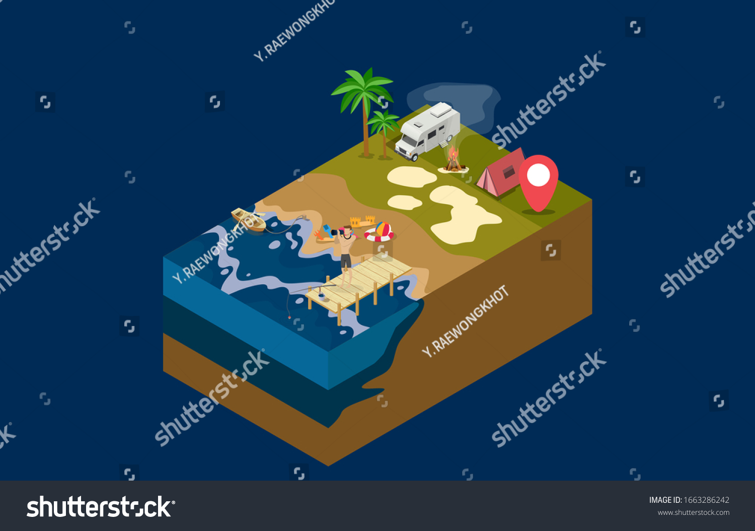 Summertime travel beach vacation flat 3d web isometric infographic tourism concept vector template. open suitcase with seashore hippie van surfer young girls in bikini. creative people collection.