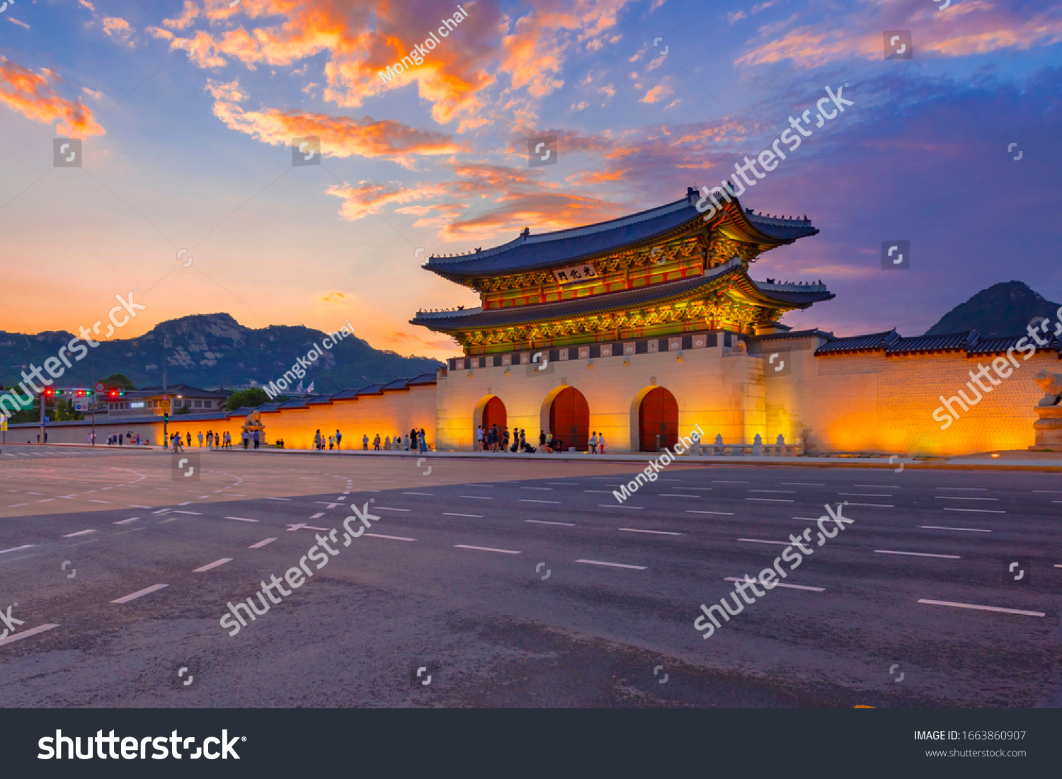 Sunset over Gwanghwamun gate Seoul South Korea. ( Sign board text is " Gwanghwamun gate")