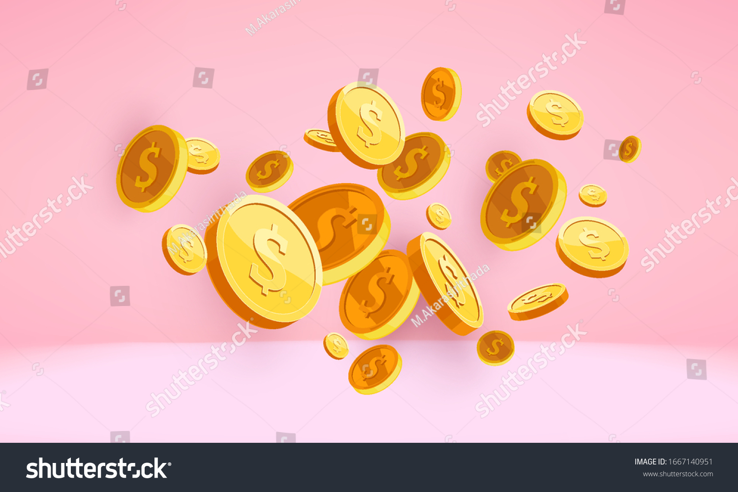 Golden coins falling into a pink piggy bank  isolated on white. US dollar coins. Bank and investment concept. Inserting a coin into a piggy bank. Pink background gradient.