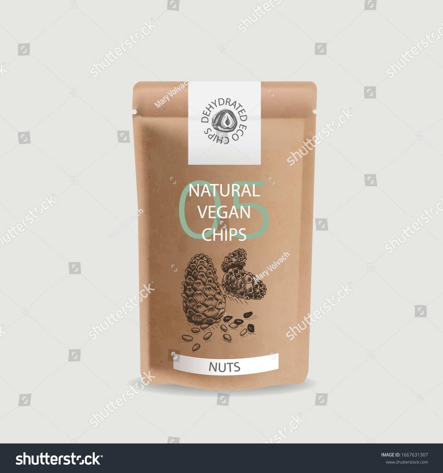 Vector illustration sketch nuts. Craft packaging for snacks. Branded package for natural eco product. Sketch Pine nuts.