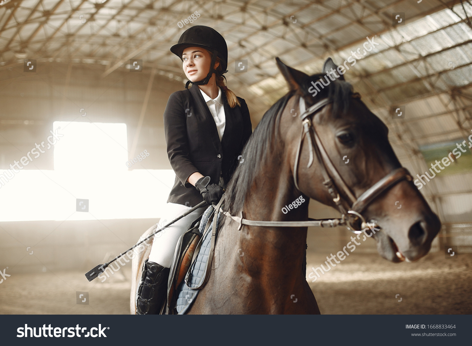 Woman on a horseback. Rider in a black uniform