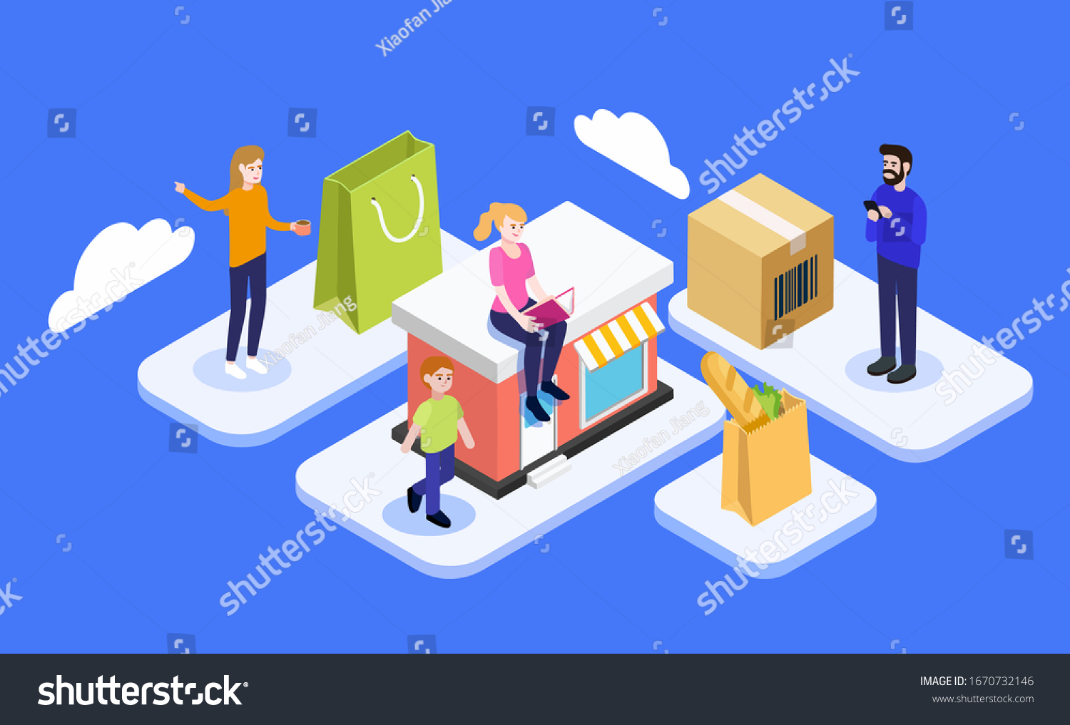 A set of isometric online shopping 2.5D illustration with people/family and icons of a shopping bag  a store and a package