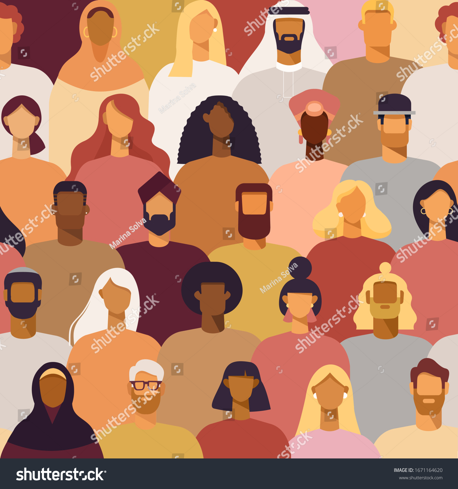 Vector seamless pattern. Crowd of young men and women. Diverse group o  people standing together. Society or population  social diversity. Flat cartoon illustration.