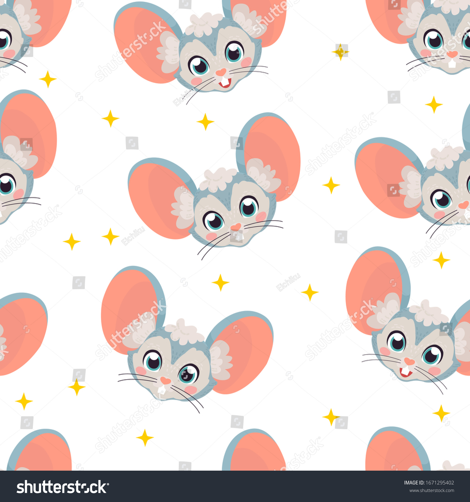 Seamless vector pattern with face of cute mouse. Illustration in cartoon style for decoration of paper or fabric.