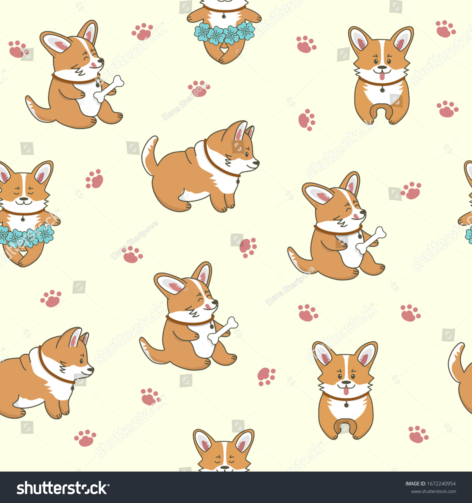 Seamless pattern of cute corgi dogs. Little puppies are standing  eating  dancing. Isolated objects. Vector cartoon illustration for print  postcard  wallpaper  textile  stickers.