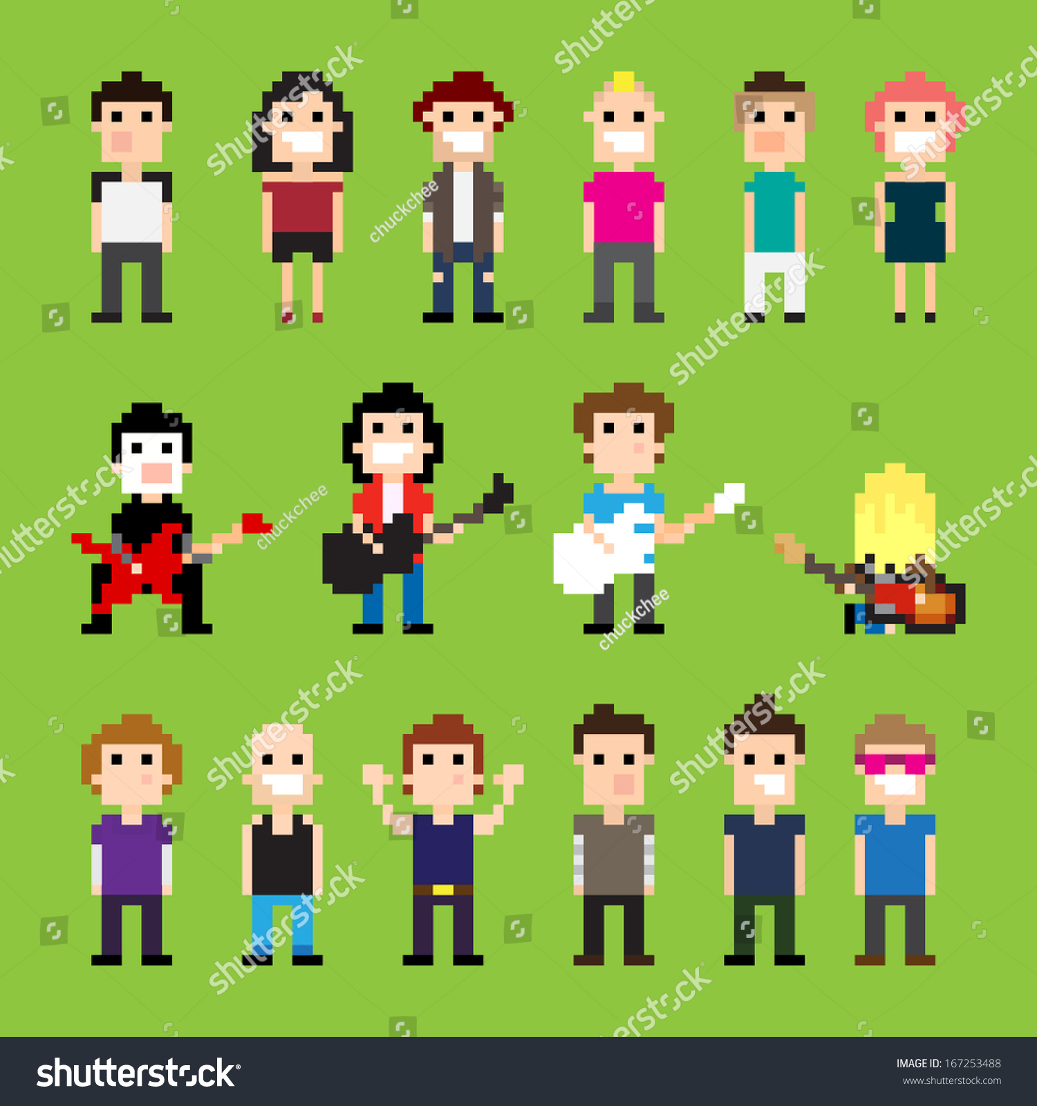Pixel art guitar players and people