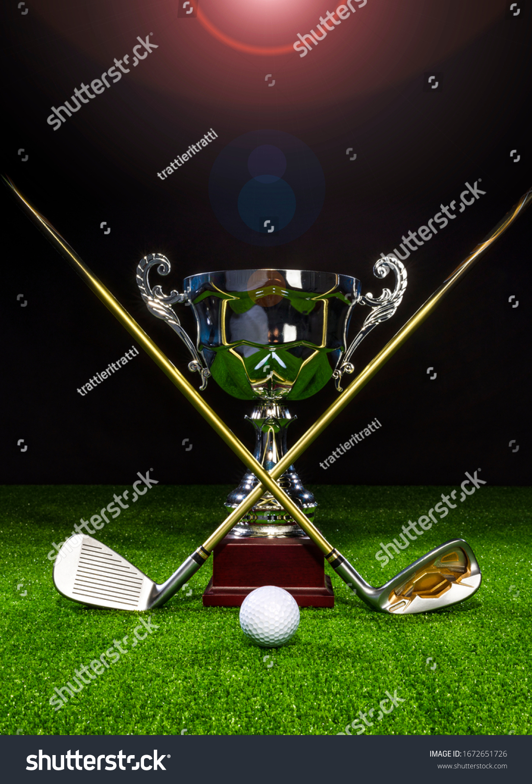 Golf club with golf ball and a golf trophy on the turf