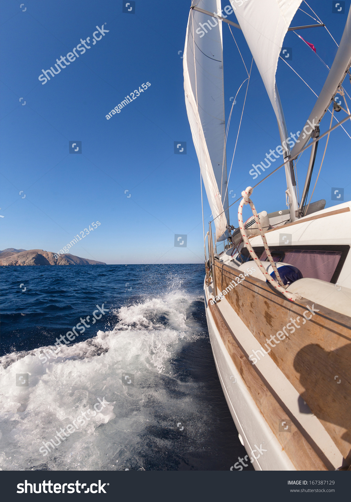 sailing boat wide angle view in the sea
