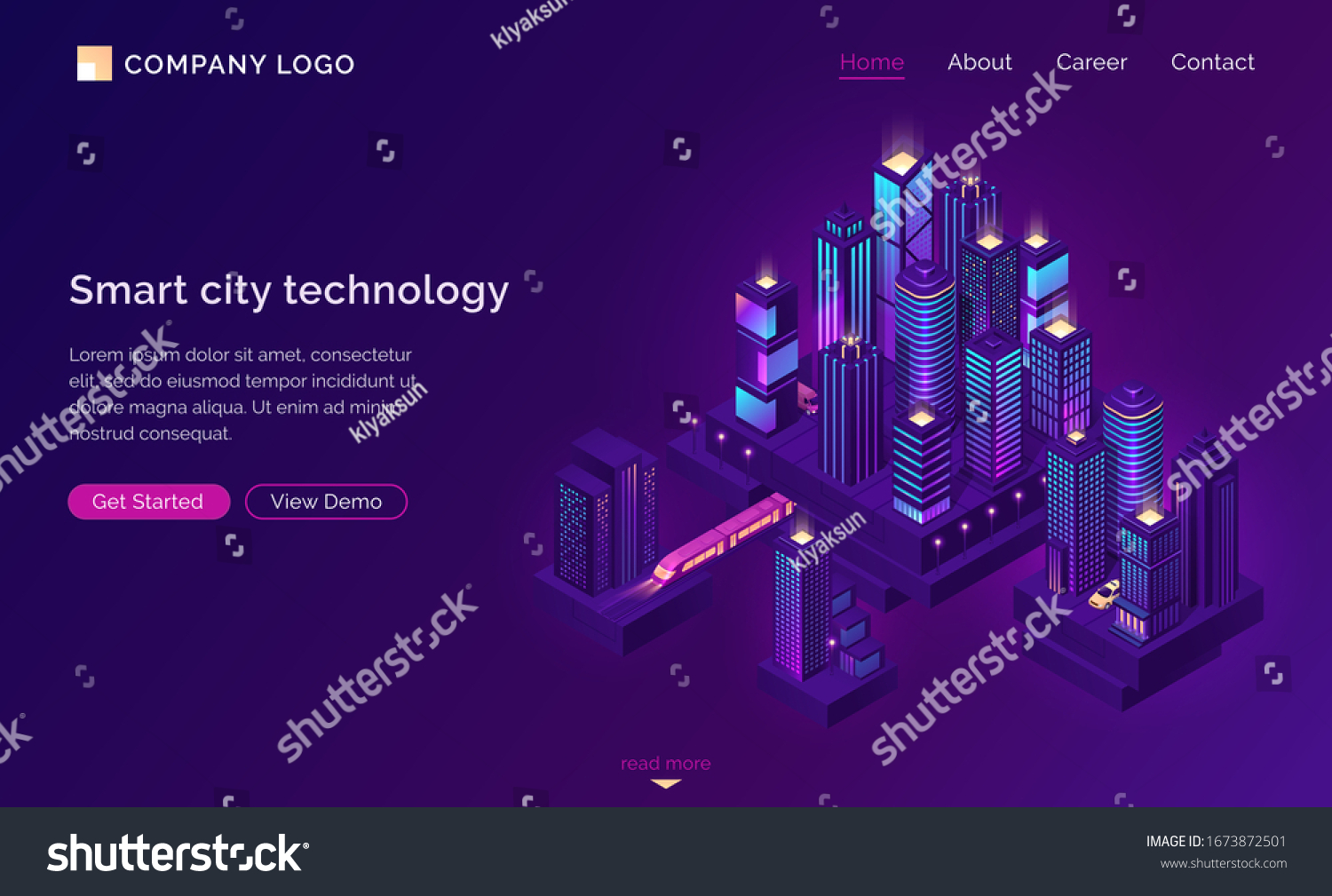 Smart city technology for business and life. Isometric futuristic town with skyscrapers  subway train and taxi. Vector purple landing page for company website  innovation in urban infrastructure