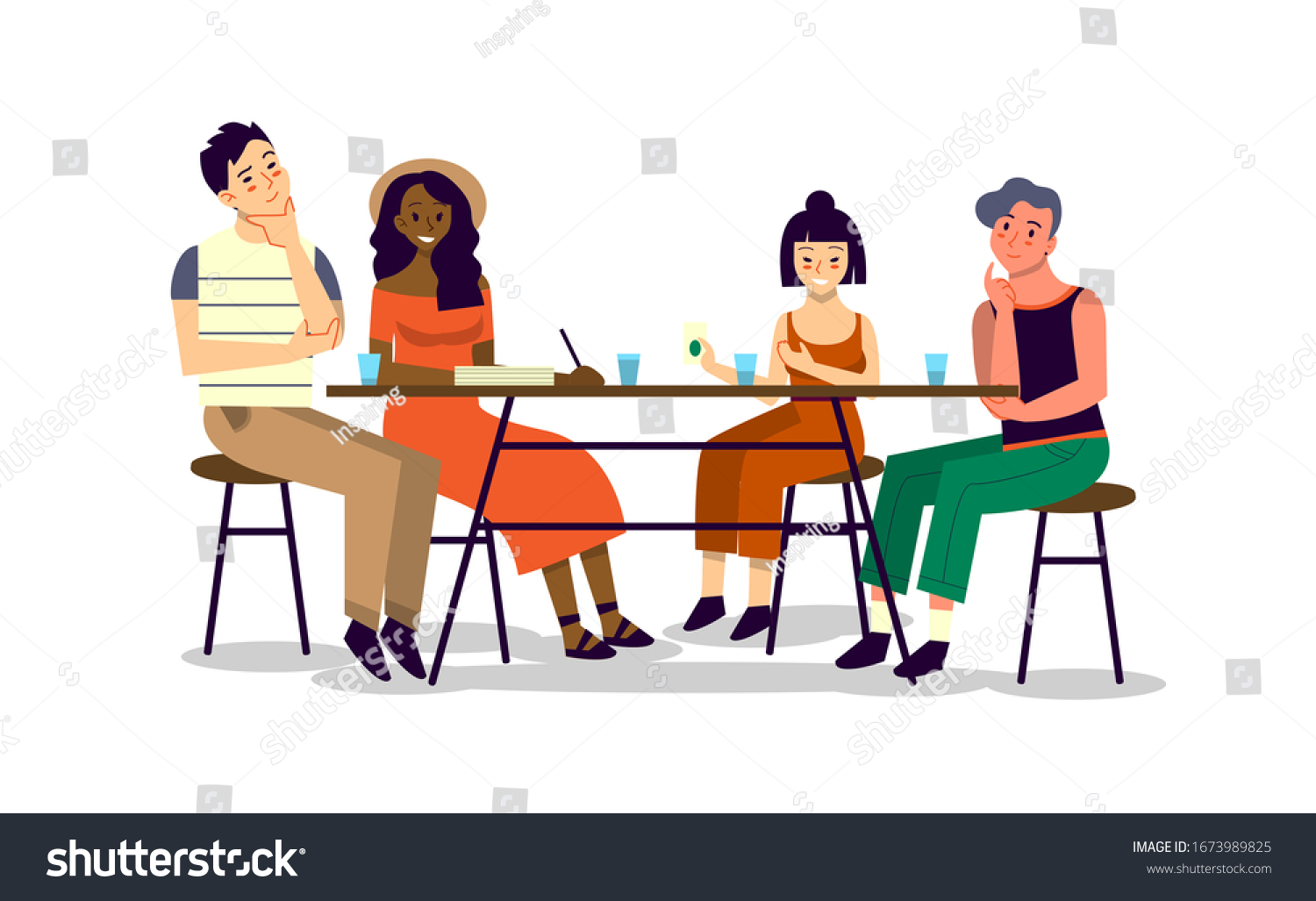 Happy friend spend time together and chat. Man and woman sitting together at the table  eating and chatting. Isolated vector illustration in cartoon style