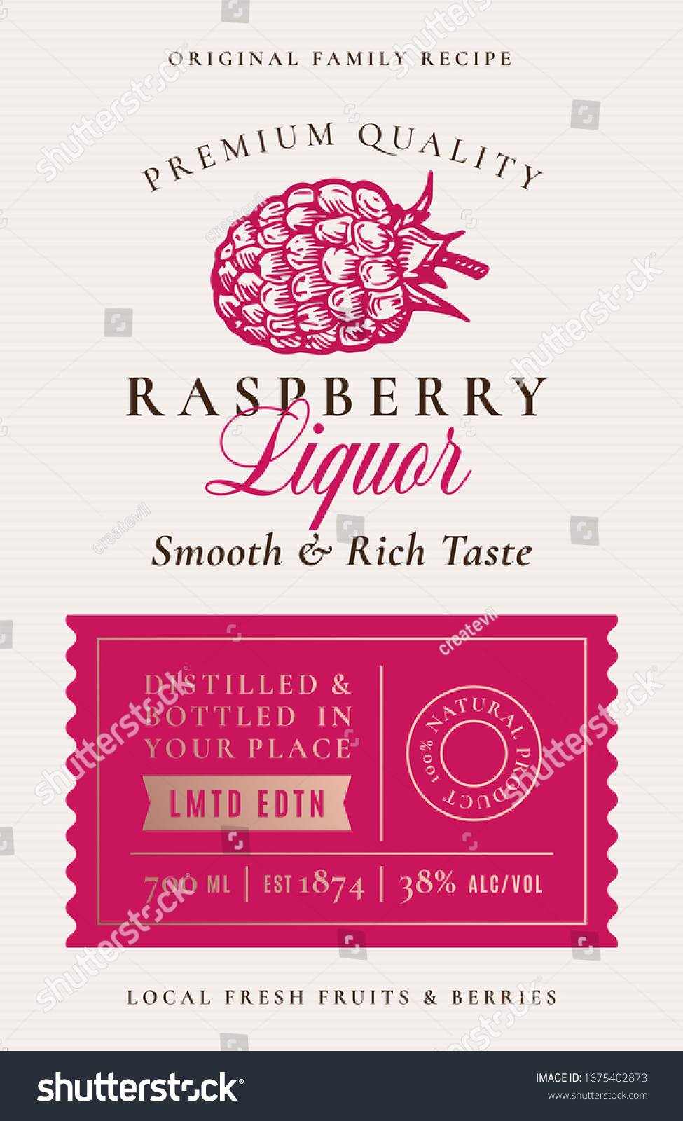 Family Recipe Raspberry Liquor Acohol Label. Abstract Vector Packaging Design Layout. Modern Typography Banner with Hand Drawn Ripe Berry Silhouette Logo and Background. Isolated.