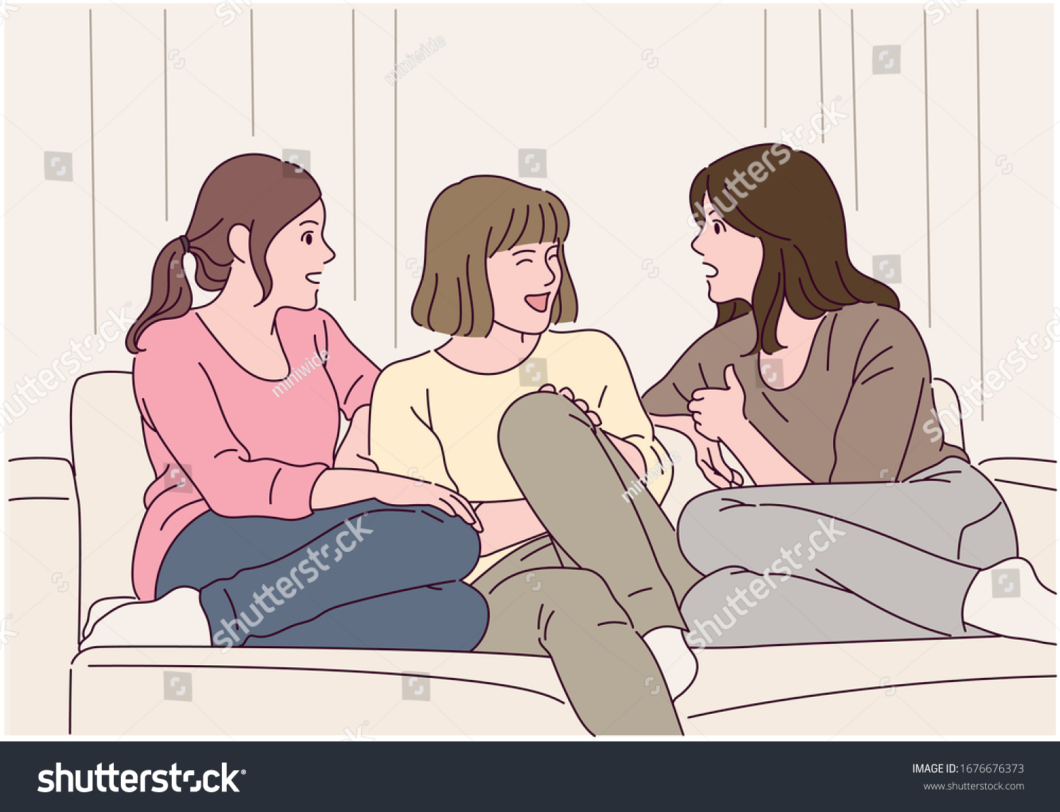 The three girls are sitting on the sofa and shaking their hands. hand drawn style vector design illustrations. 