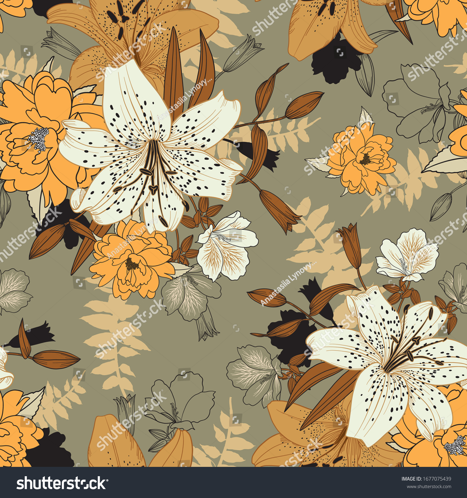 Floral seamless pattern with lilies  amelia  rhododendron  leaves for surface design