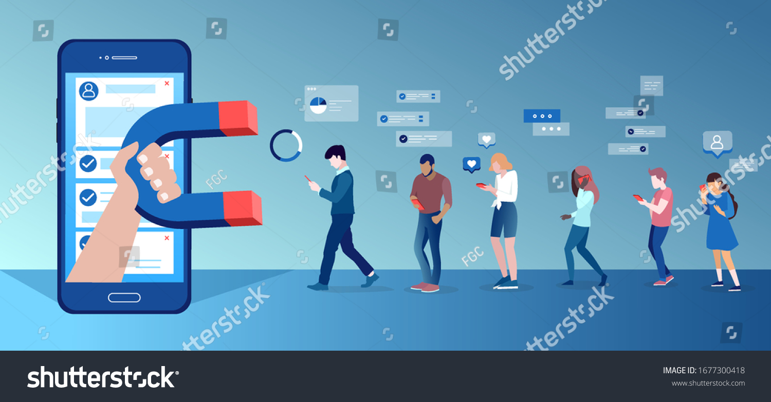 Vector of a group of people using mobile gadgets communicating being attracted by socila media app platform 